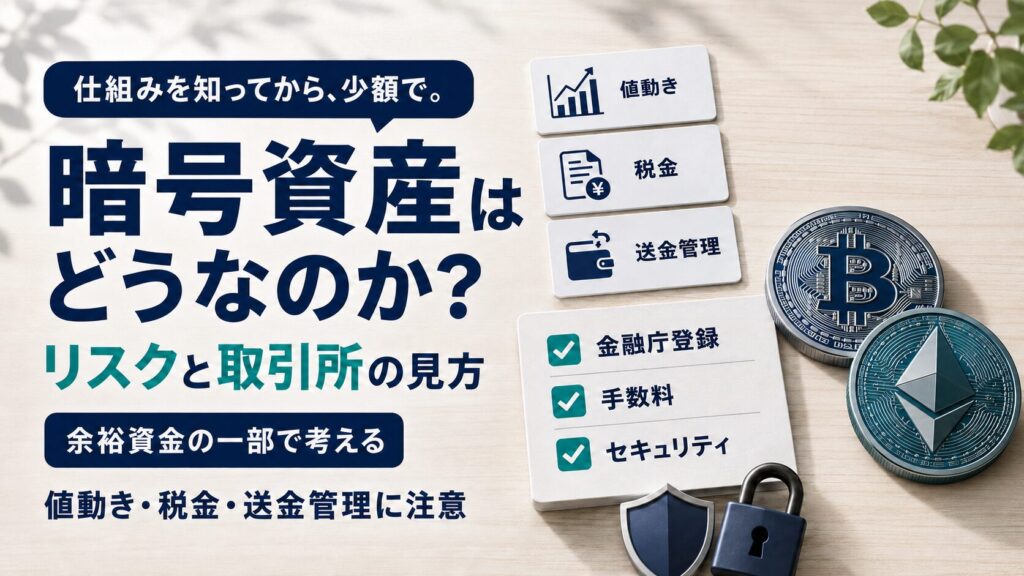 暗号資産（仮想通貨）のリスクと取引所の見方を解説するイラスト