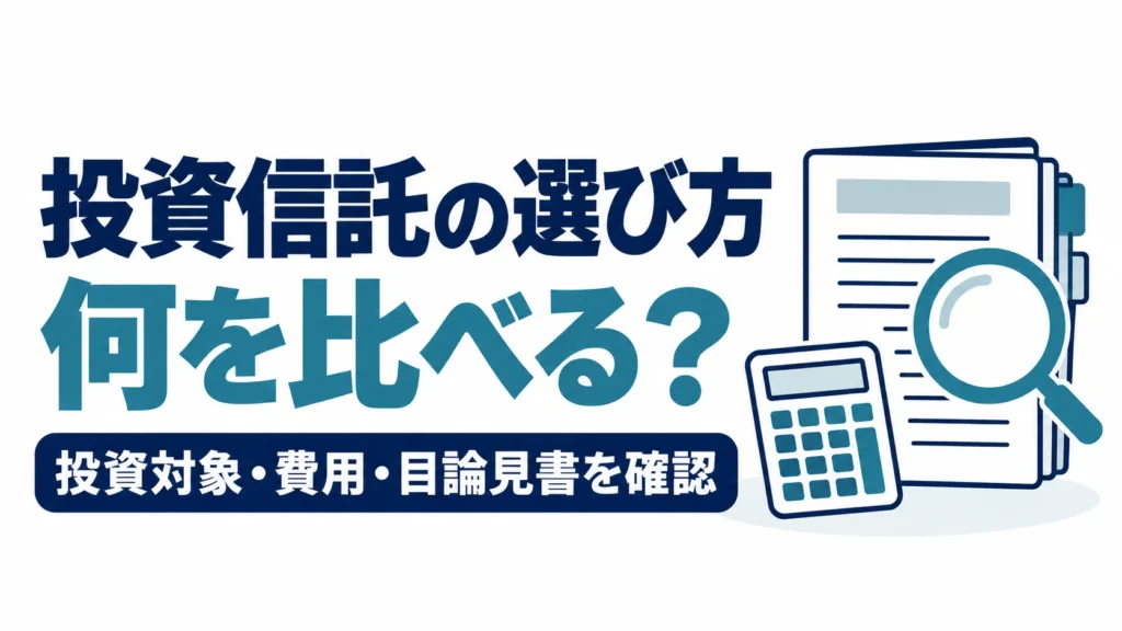 投資信託の選び方として、投資対象・費用・目論見書を確認する図