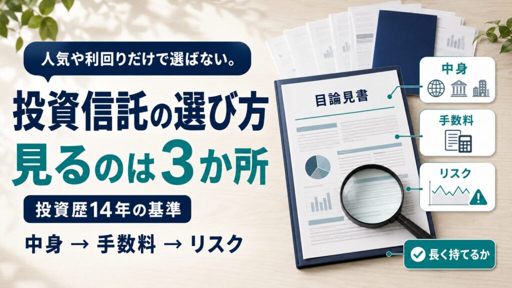 投資信託の選び方（中身・手数料・リスク）を解説するイラスト