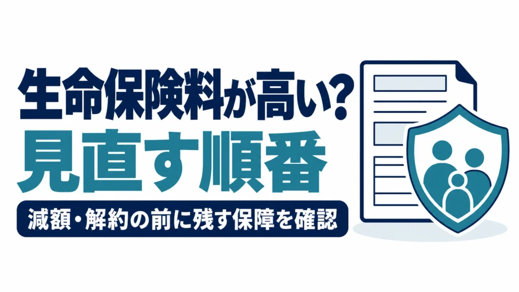 生命保険料を見直す順番と、減額・解約の前に残す保障の確認を示した、保険証券と家族を囲む盾の図