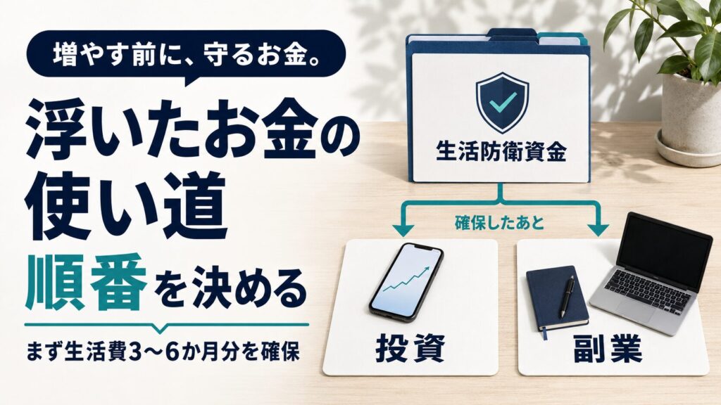 浮いたお金の使い道（投資・副業・生活防衛資金）を考えるイラスト