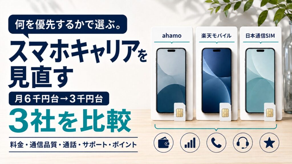 スマホ料金の見直し（ahamo・楽天モバイル・日本通信）のイラスト
