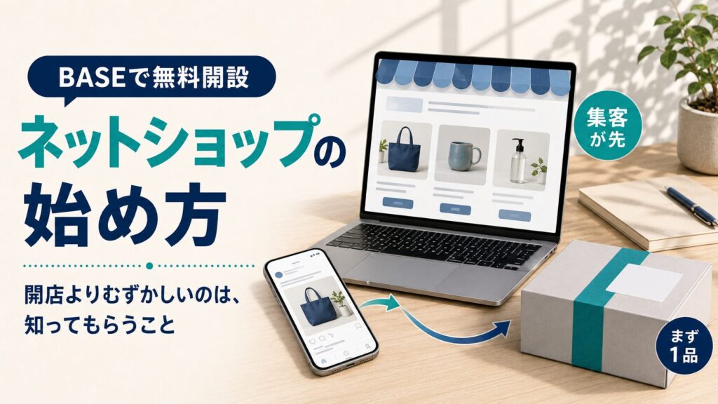 ネットショップの始め方（BASEで無料開設）を解説するイラスト