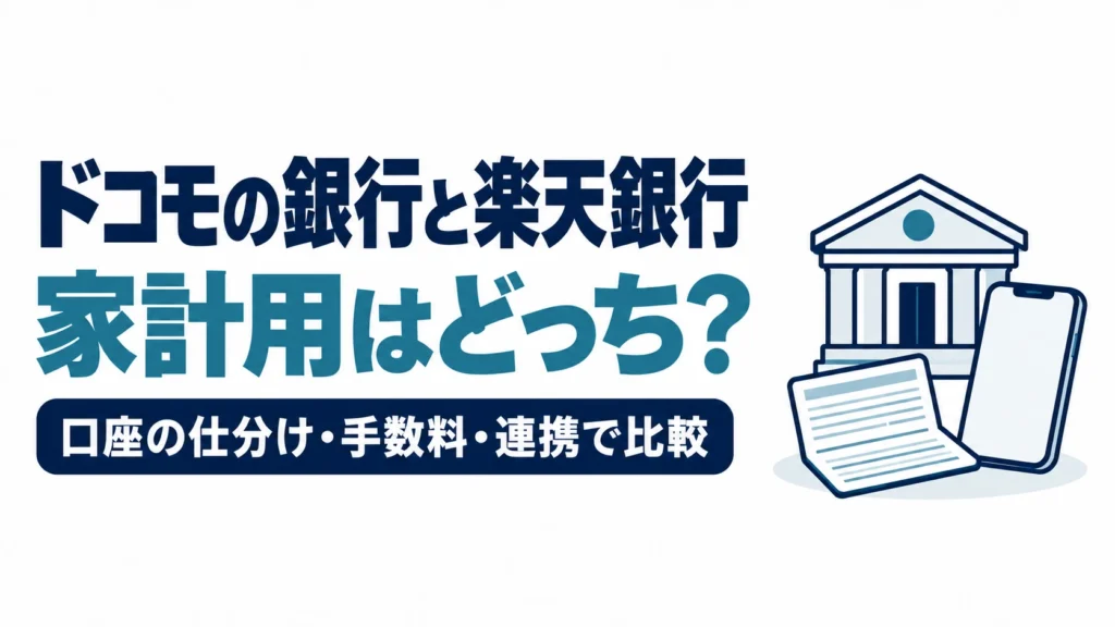 ドコモの銀行と楽天銀行の家計用口座を、口座の仕分け・手数料・連携で比較する図