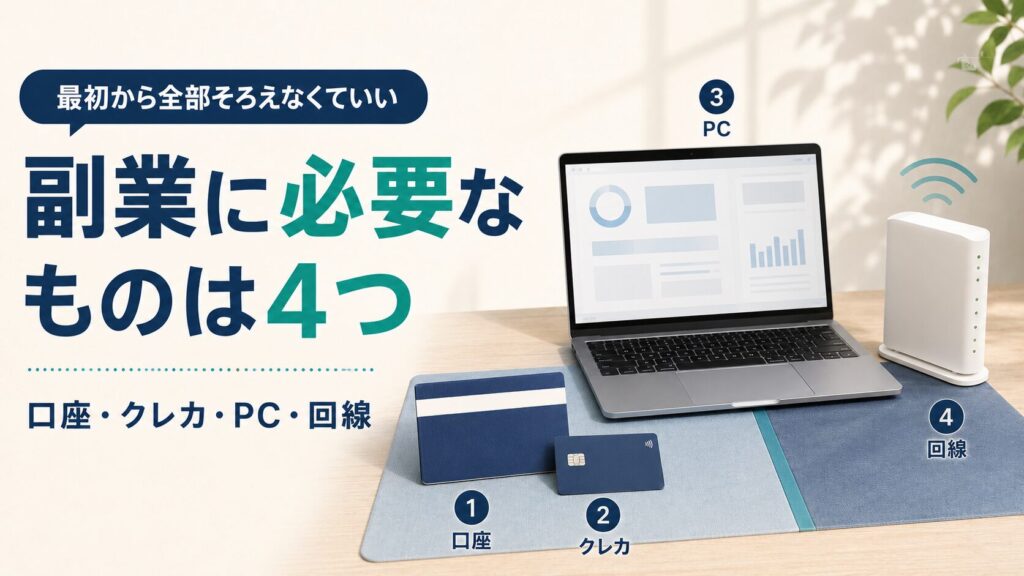 副業を始める前に用意したいもの（口座・クレカ・パソコン・ネット回線）のイラスト
