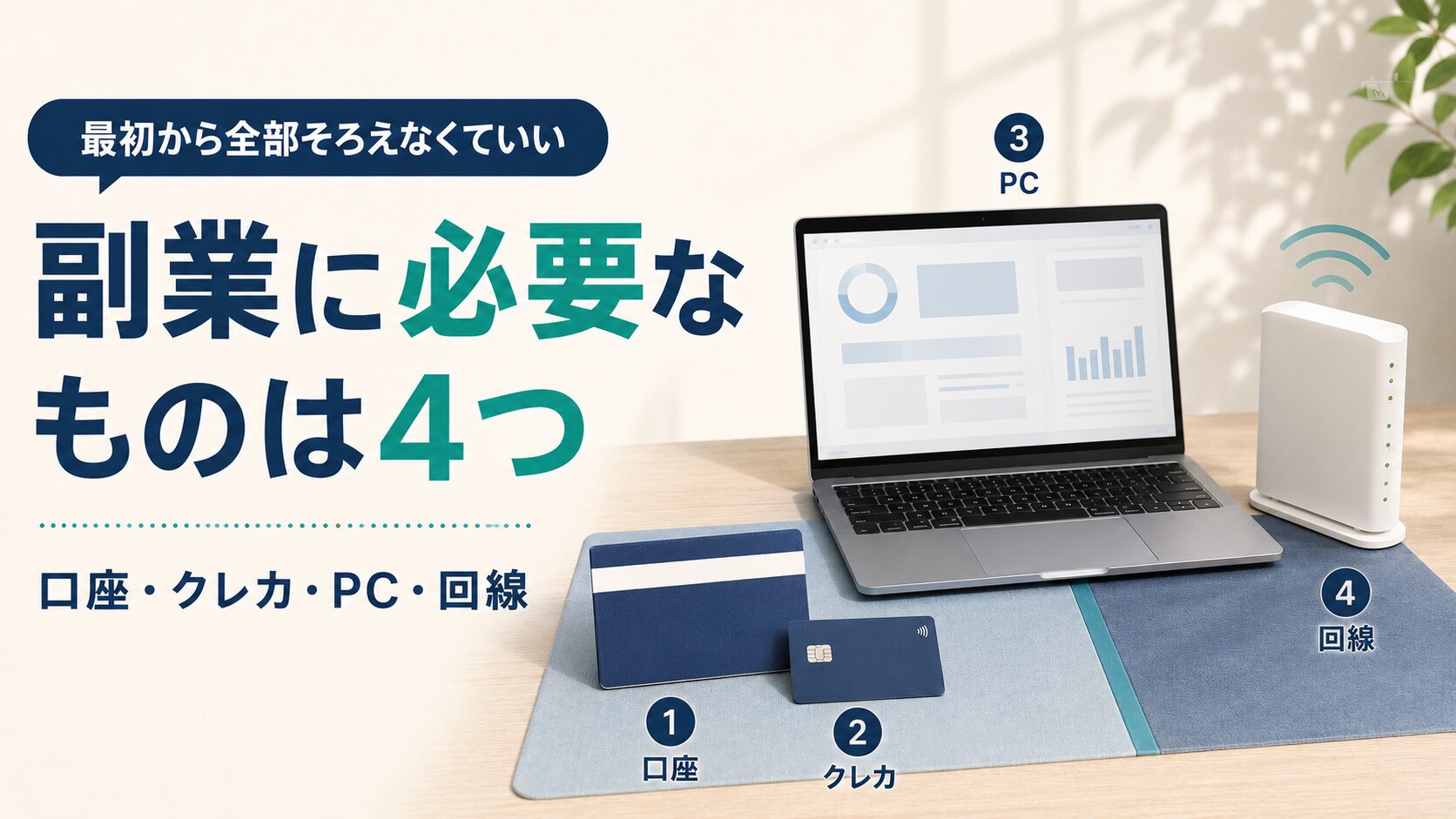 副業を始める前に用意したいもの(口座・クレカ・パソコン・ネット回線)のイラスト