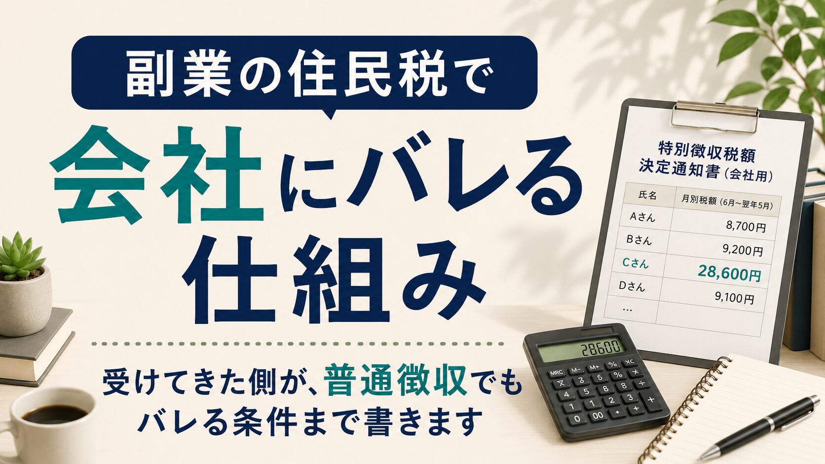 副業の住民税で会社にバレる仕組み。普通徴収でもバレる条件まで書く記事のアイキャッチ