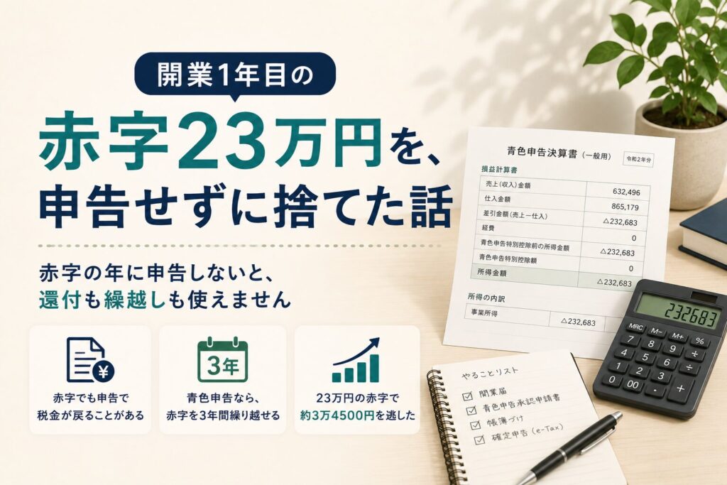 開業1年目の赤字23万円を申告せずに捨てた話。還付も繰越しも使えなかった失敗談のアイキャッチ