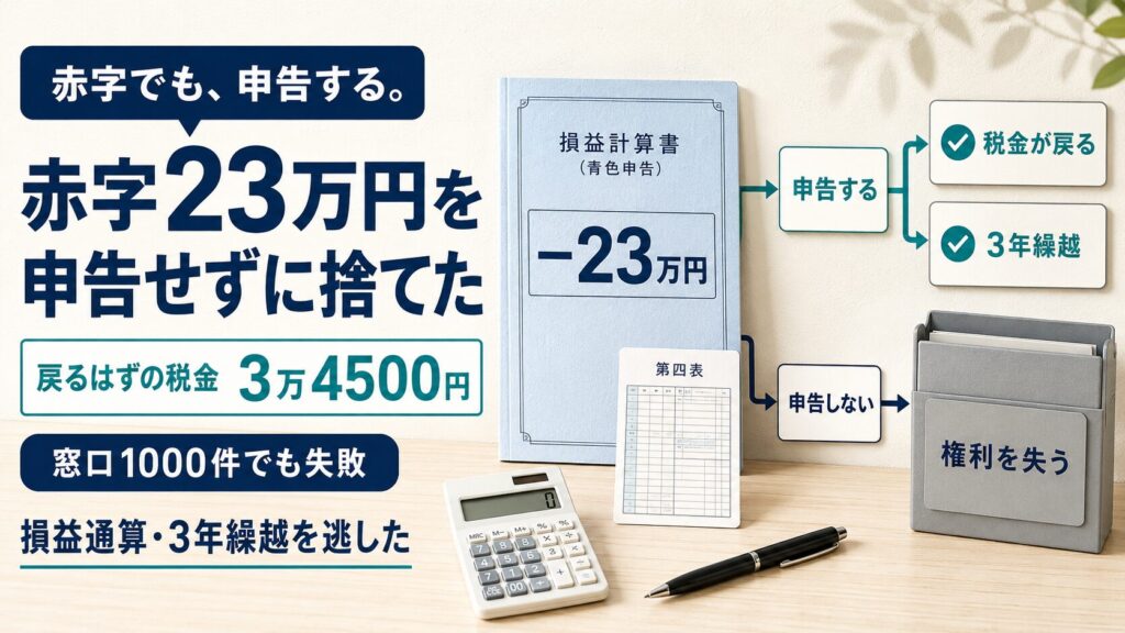 開業1年目の赤字23万円を申告せずに捨てた話。損益通算の還付を逃した失敗談のアイキャッチ