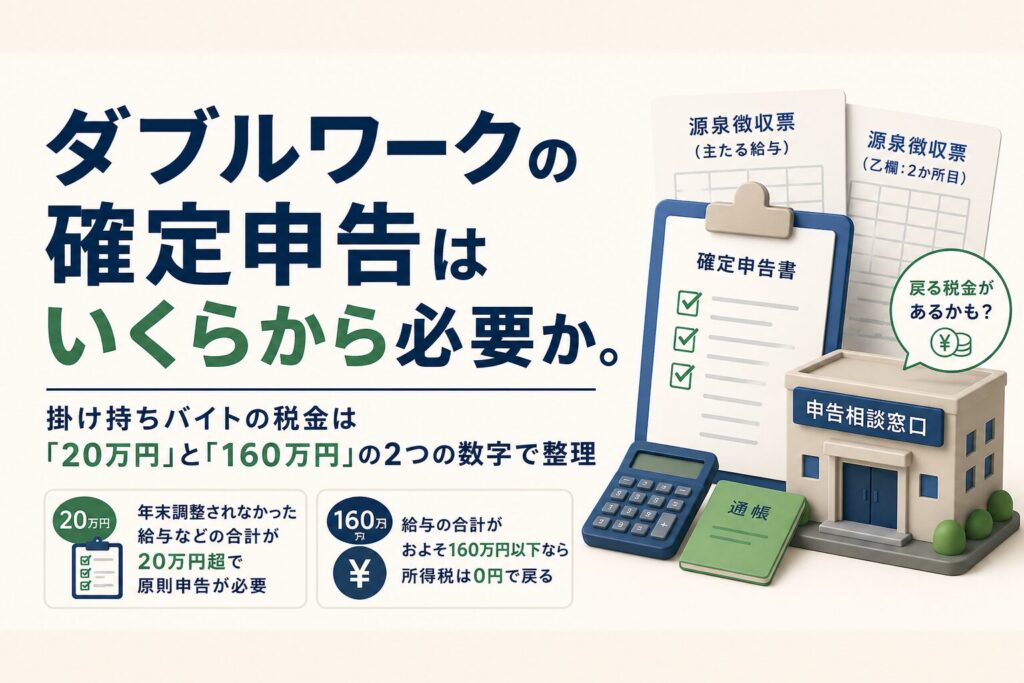 ダブルワークの確定申告はいくらから必要か。受付1000件超の元税務窓口職員が整理した記事のアイキャッチ