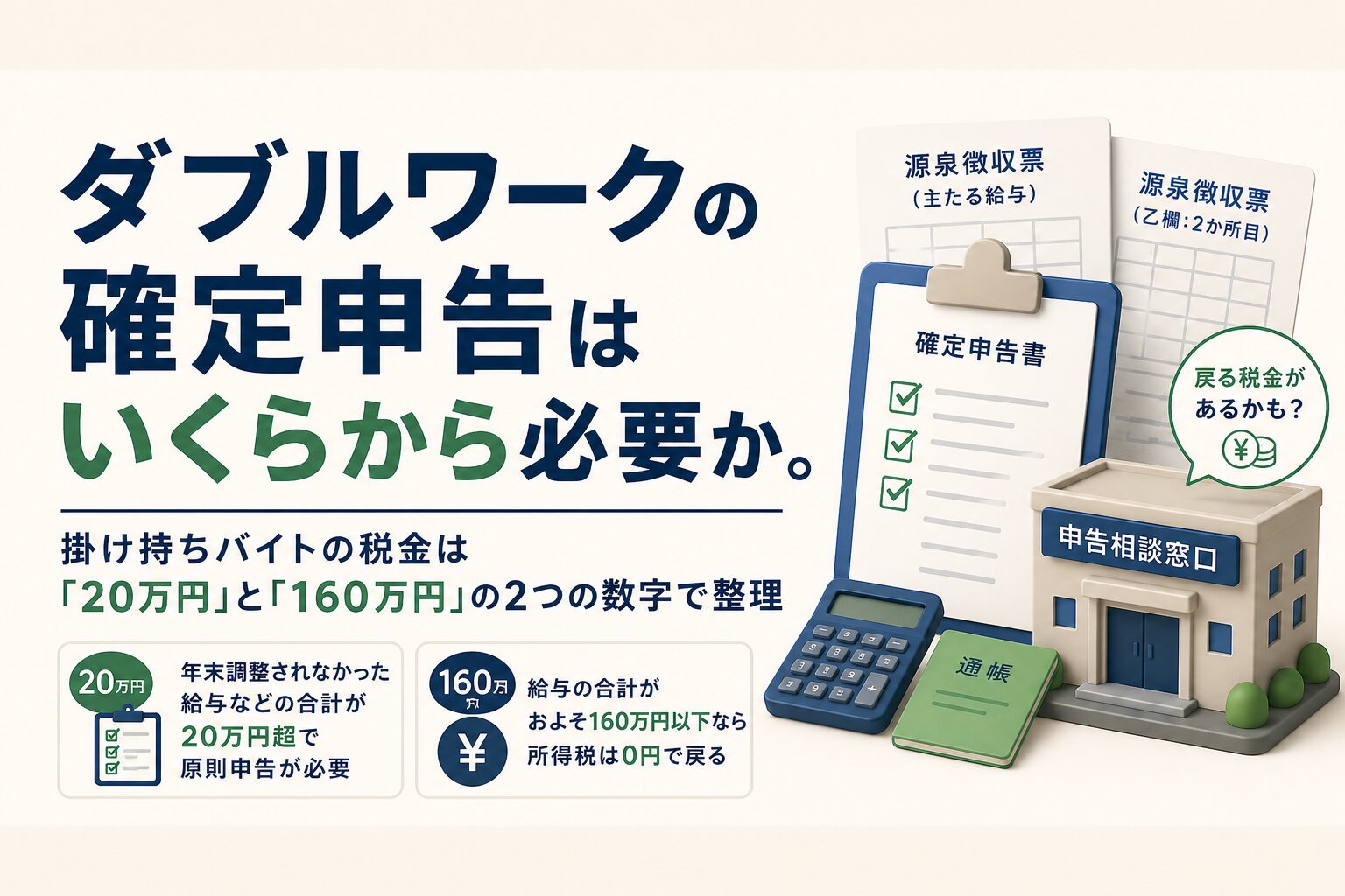 ダブルワークの確定申告はいくらから必要か。受付1000件超の元税務窓口職員が整理した記事のアイキャッチ