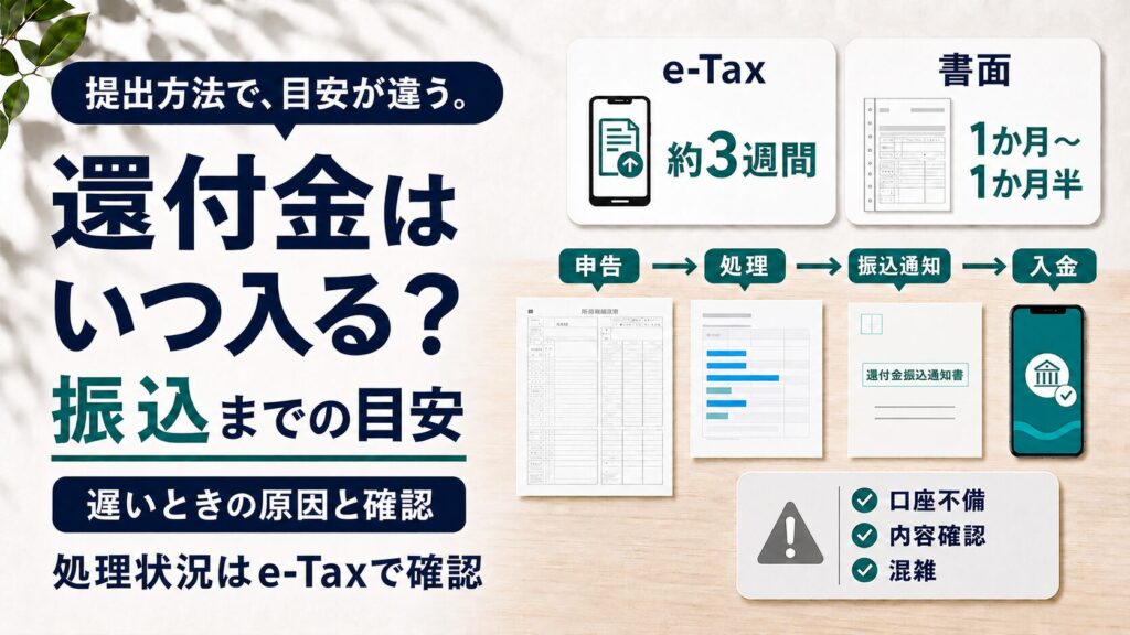 確定申告の還付金はいつ振り込まれるか（e-Taxと書面の目安）のイラスト