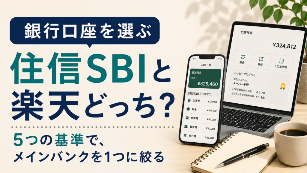 ネット銀行（住信SBIと楽天銀行）の選び方を解説するイラスト