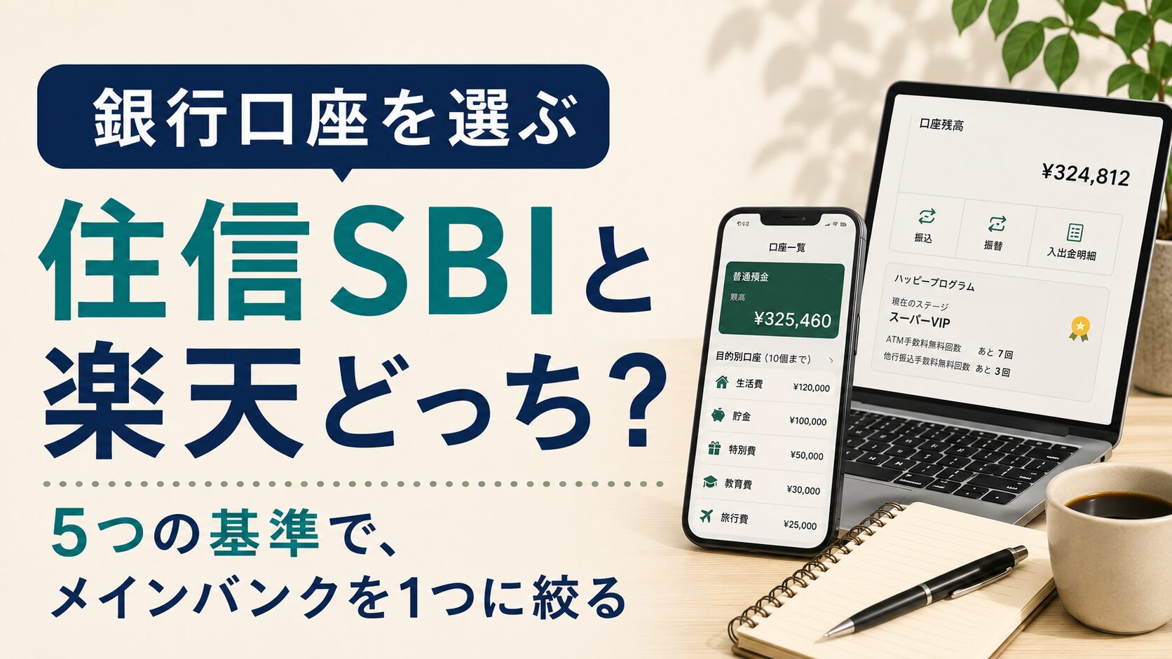 ネット銀行(住信SBIと楽天銀行)の選び方を解説するイラスト