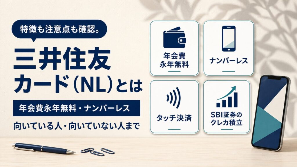 三井住友カード（NL）の特徴（年会費永年無料・ナンバーレス・タッチ決済・SBI証券のクレカ積立）のイラスト
