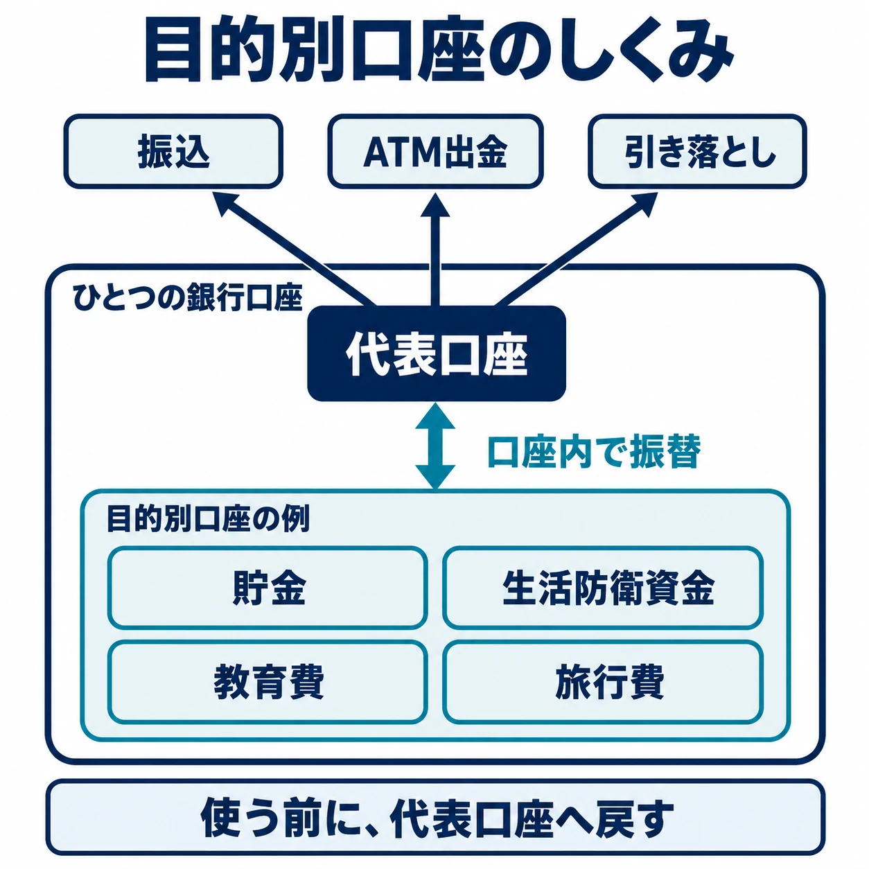 ひとつの口座内に代表口座と目的別口座があり、振込・出金・引き落としは代表口座から行う図